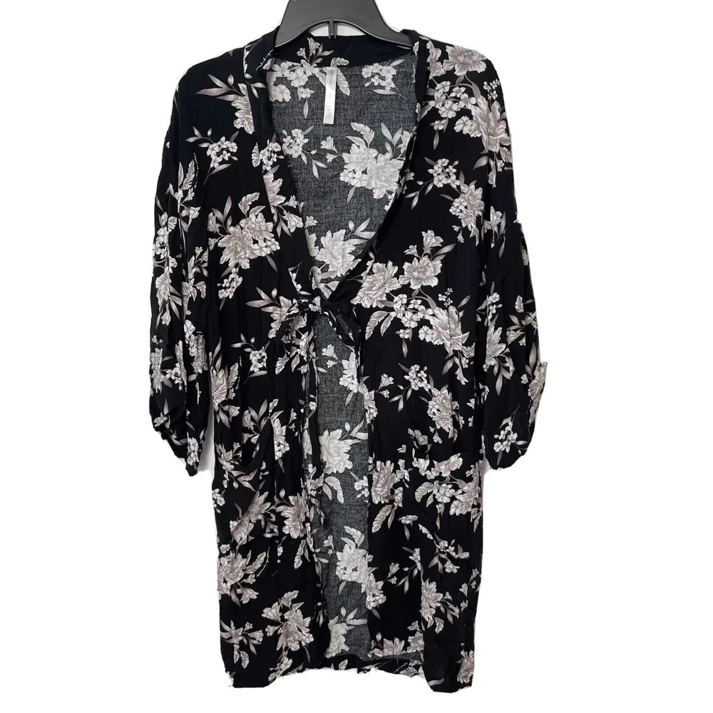 Spiritual Gangster Maya Floral Kimono Womens One Size Black Tie Front Pockets‎